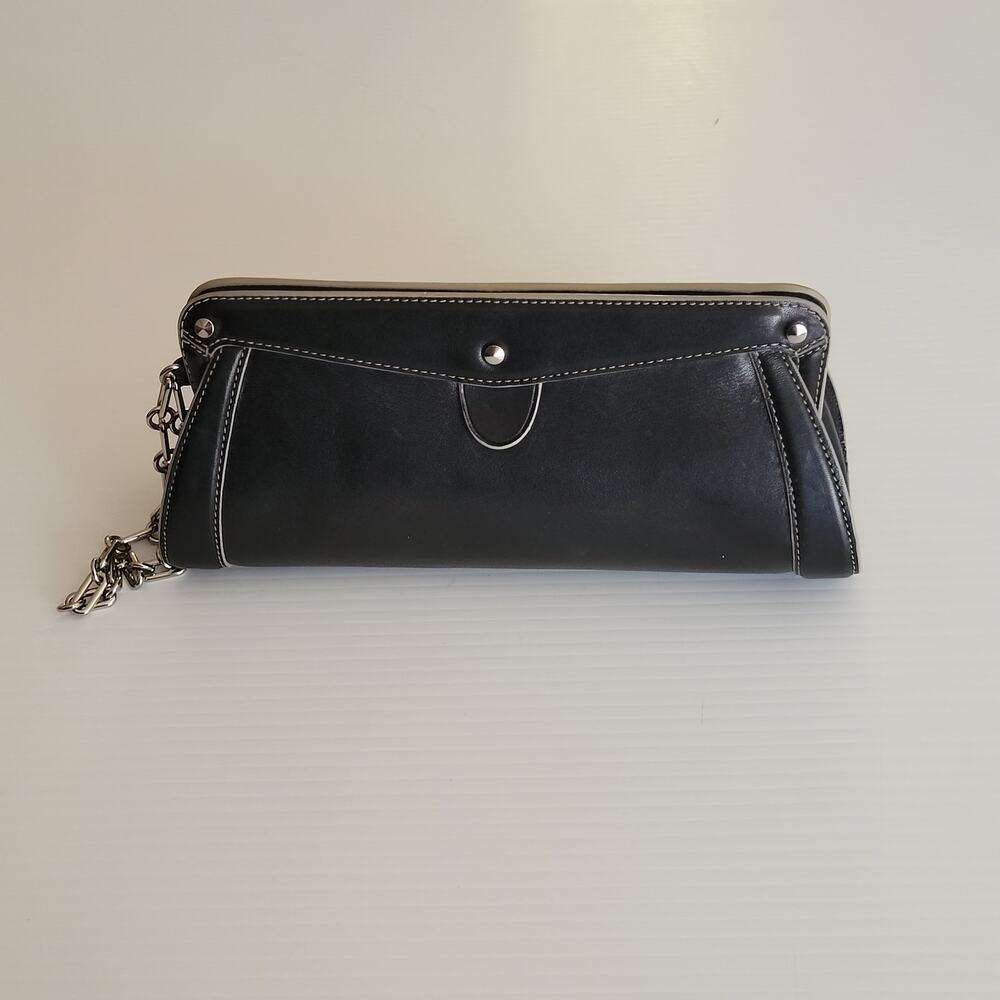 Cole Haan Leather Wristlet Clutch Baquette Purse Black leather silver tone chain